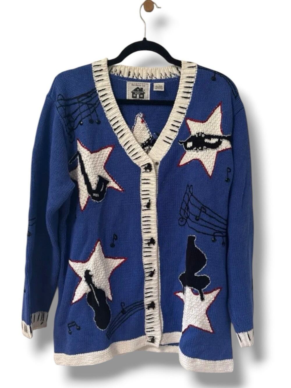 Vintage Storybook Knits Music Jazz Cardigan Sweater Large Piano Saxophone
